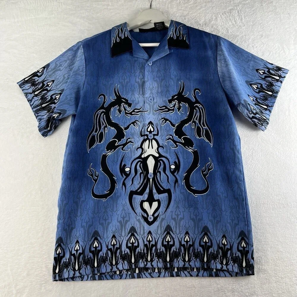 Y2K No Boundaries Boys XL Mens XS Dragon Button‎ Shirt All Over Print Streetwear
